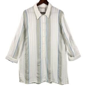 Elan Striped Button Up Shirt Women M Cream Blue Gold Metallic Made in India EUC